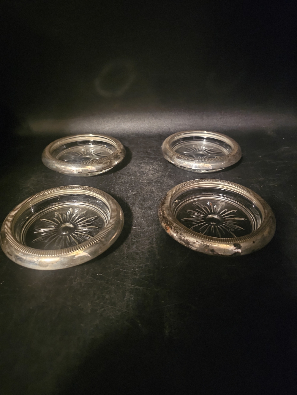 Vintage Sterling Silver And Cut Glass Coasters, Stamped Crown Silver
